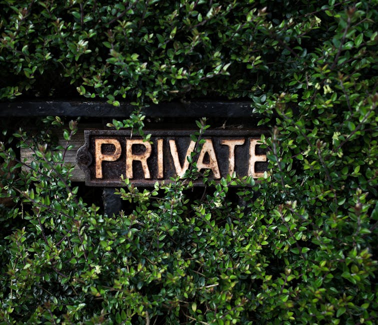A close-up view of a weathered metallic sign with the word 'PRIVATE' in raised letters, mounted on a wooden board that is partially obscured by dense, glossy green foliage. The leaves are small, oval-